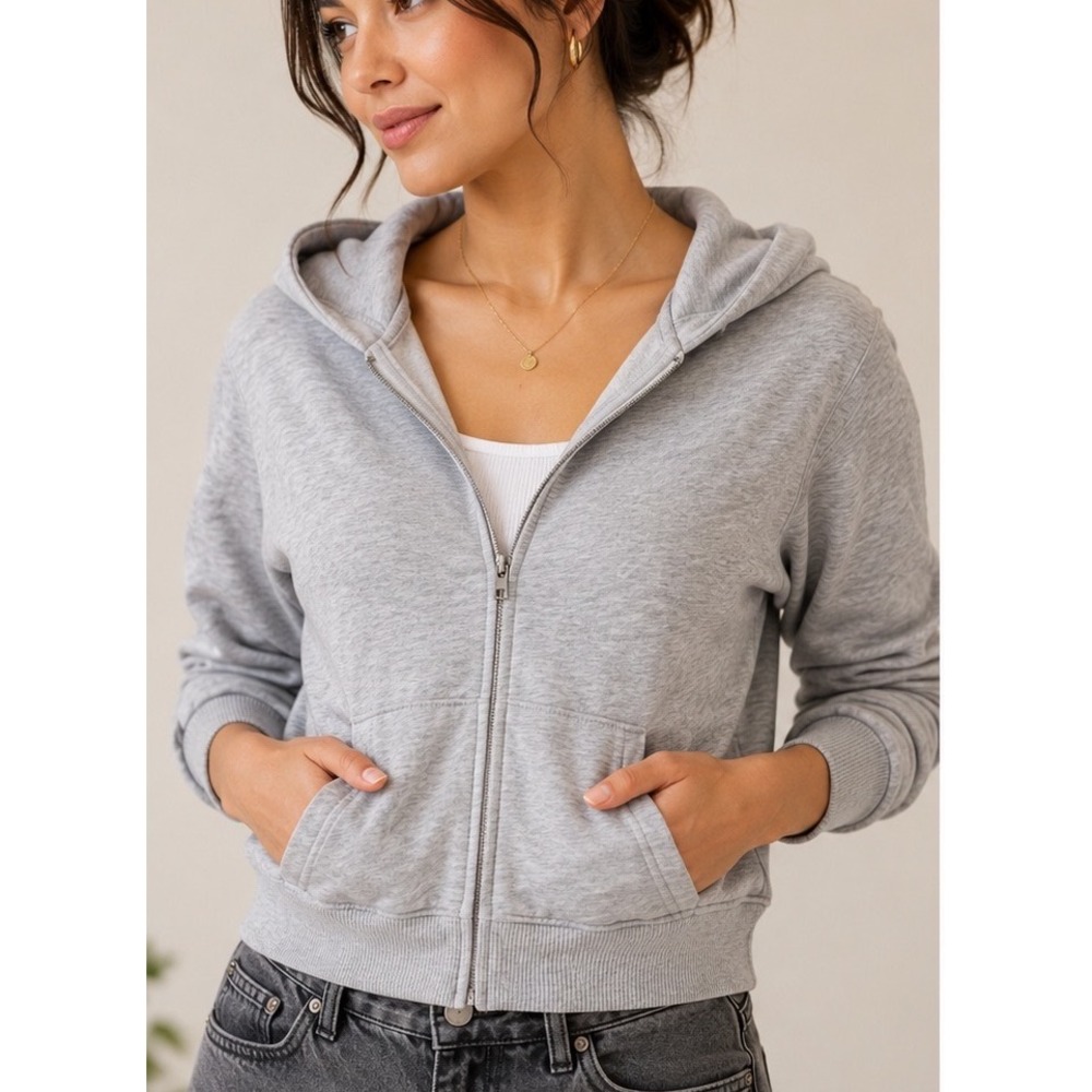Refuge Athletics Heather Gray Cropped Full Zip Hoodie Sweatshirt Womens Small